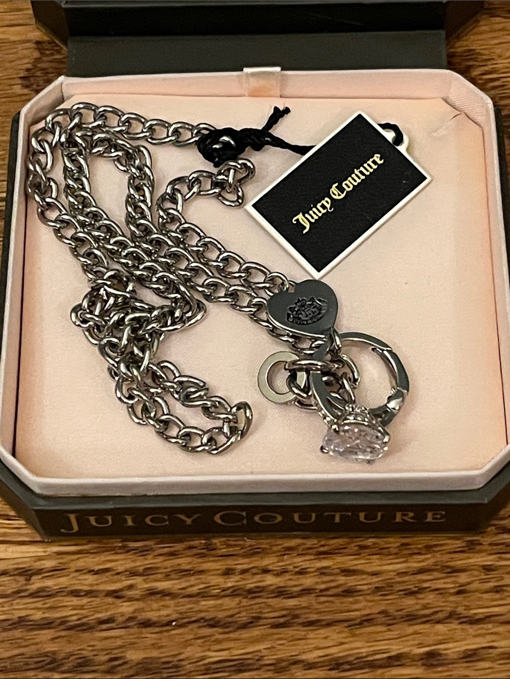 Juicy Couture Silver Chain Necklace W/Faux Crystal Ring 18" Necklace